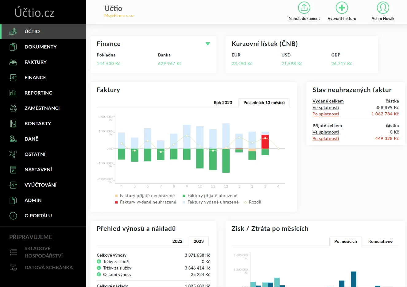 Dashboard zákaznické zóny Účtio s finančními přehledy a stavem účetních agend